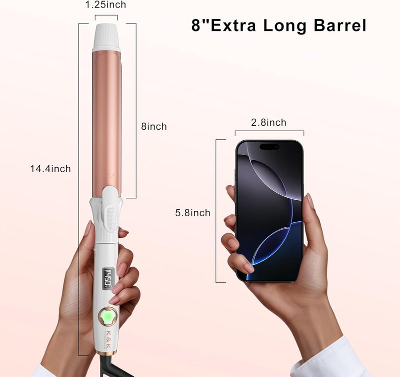 K&K Long Barrel Styler, 1 1/4 Inch Curling Iron with Clipped, Professional Ceramic Coating Hair Curler Wand, Dual MCH Heater up to 450F, Worldwide Voltage Curling Tongs for Traveling - Image 3